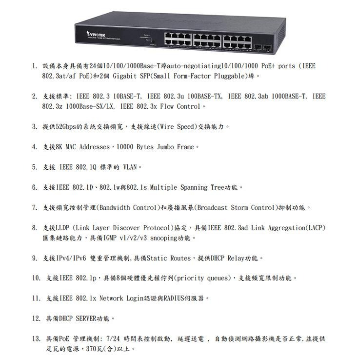 昌運監視器VIVOTEK 晶睿 AW-GEV-264B-370 24Port 智慧網管型 24路PoE 交換器請來電洽-細節圖2