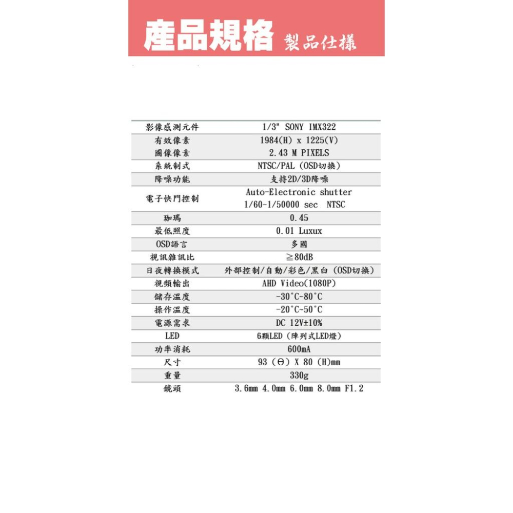 昌運監視器 攝影機 AHD 1080P_ 2M CMOS_半球型紅外線_200萬畫素 監視器-細節圖7
