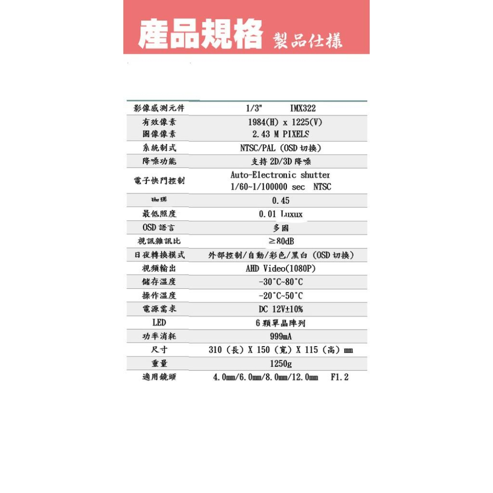 昌運監視器 攝影機  AHD1080P_2M CMOS_防護罩戶外型紅外線 SONY晶片 200萬畫素 監視器-細節圖7