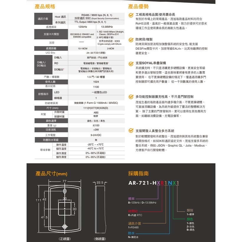 昌運監視器 SOYAL Mifare 連網 AR-721HDR1 按鍵型門禁控制器 門禁讀卡機-細節圖2