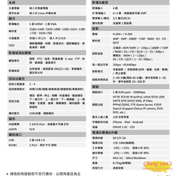 昌運監視器 DHI-XVR5104HS-4M H.264 4路智慧型錄影機五合一XVR 大華dahua 主機-細節圖2