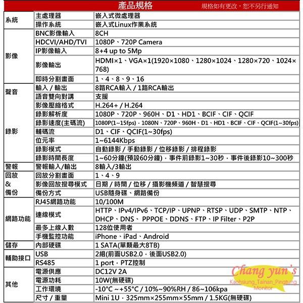 昌運監視器DHI-XVR5108HE H.264 8路全方位錄影機五合一XVR 大華dahua