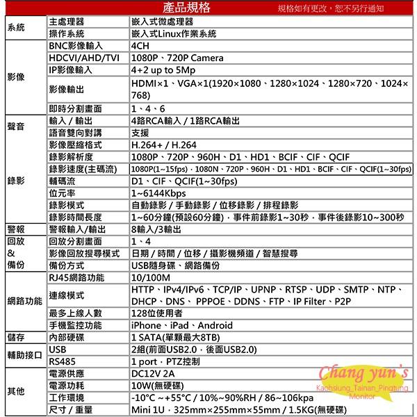 昌運監視器 DHI-XVR5104HE H.264 4路全方位錄影機五合一XVR 大華dahua 主機-細節圖2