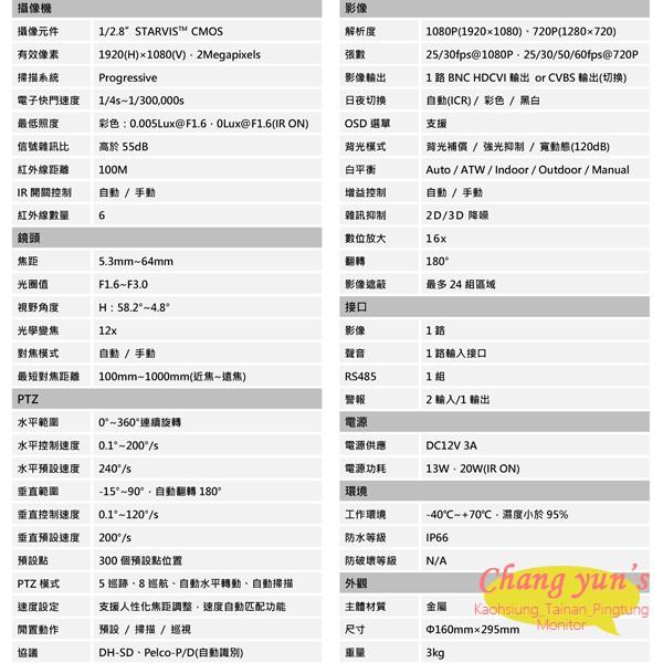 昌運監視器 DH-SD49212IN-HC 星光級12倍變焦 HDCVI紅外線快速球 大華dahua-細節圖2