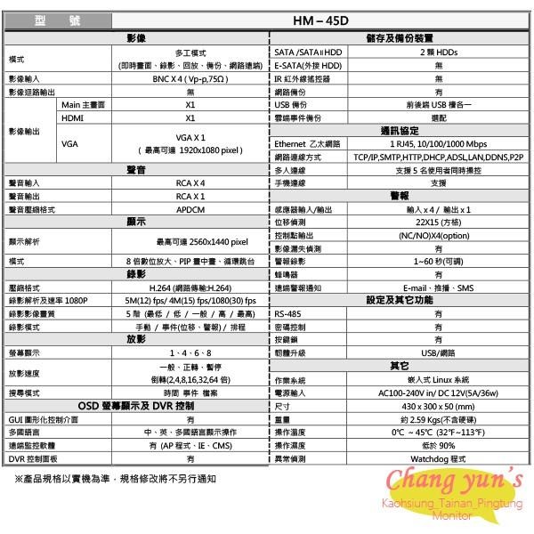 昌運監視器 環名 HM-45D 雙硬碟 4路錄影主機 DVR 不單賣搭四支2百萬畫素鏡頭HM-133-細節圖2