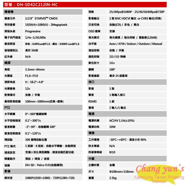 昌運監視器 DH-SD42C212IN-HC 星光級12倍1080P HDCVI快速球 大華dahua-細節圖2