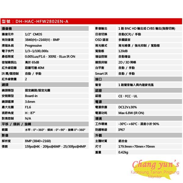 昌運監視器 DH-HAC-HFW2802EN-A 4K HDCVI星光級紅外線攝影機 大華dahua-細節圖2