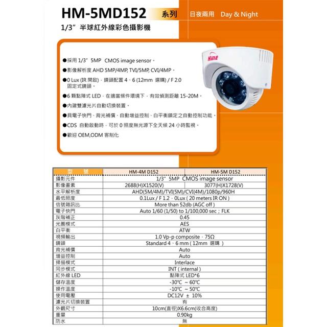 昌運監視器 環名 HM-5MD152 500萬 5MP 日夜兩用 紅外線彩色半球型攝影機-細節圖2