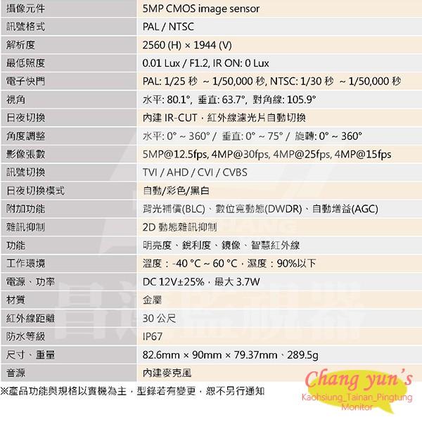 昌運監視器 可取監視器組合 4路2鏡 KMH-0428EU-K主機 IT-MC5168-TW 500萬同軸音頻攝影機半球-細節圖2