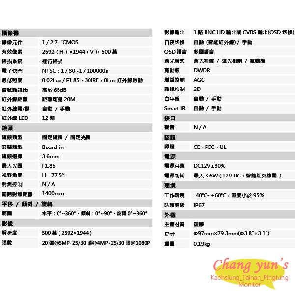 昌運監視器 DH-HAC-HDW1500SLN 500萬畫素 HDCVI 紅外線半球攝影機 大華dahua-細節圖2