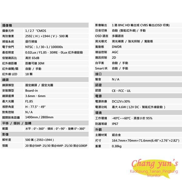 昌運監視器 DH-HAC-HFW1500SN 500萬畫素 HDCVI紅外線攝影機 大華dahua-細節圖2