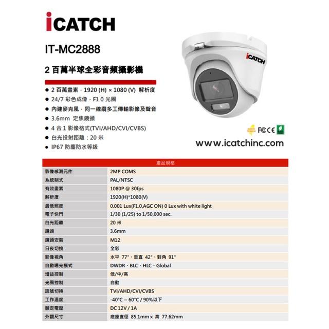 昌運監視器 可取組合 KMQ-0428EU-K 4路 錄影主機+IT-MC2888 2MP全彩同軸音頻攝影機*1-細節圖2