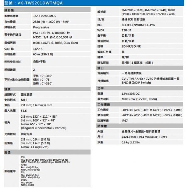 昌運監視器SAMPO聲寶 VK-TW5201DWTMQA 500萬紅外線半球攝影機 內建麥克風 紅外線60M-細節圖2