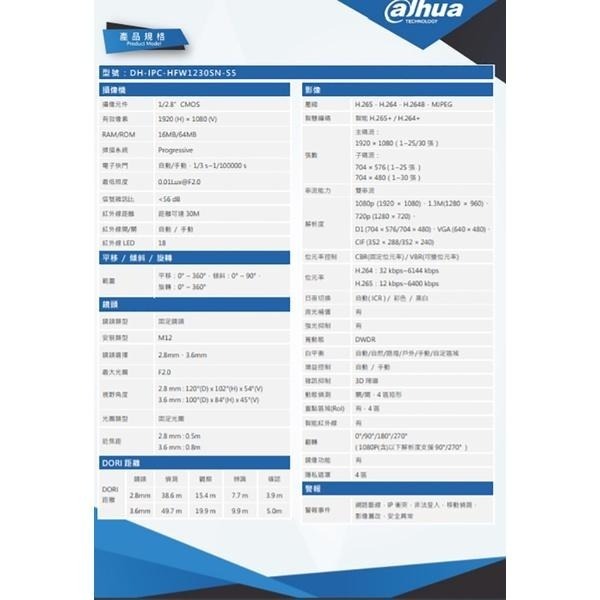 昌運監視器 DH-IPC-HFW1230SN-S5 大華dahua 攝影機(以DH-IPC-HFW1230TC-A出貨)-細節圖2