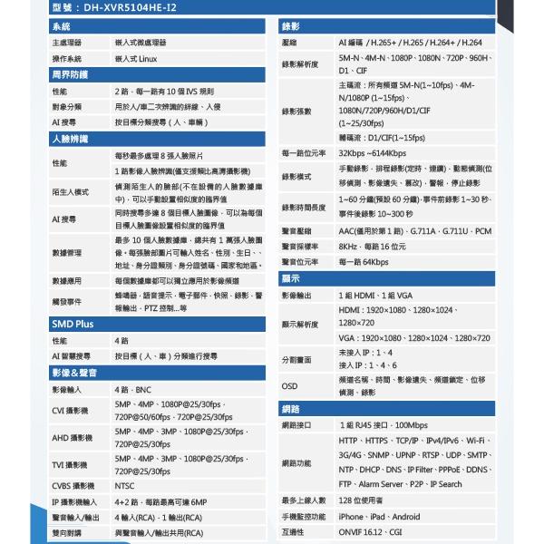 昌運監視器 大華 DH-XVR5104HE-I2 4路 人臉辨識XVR 監視器主機-細節圖2