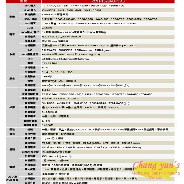 昌運監視器 ICATCH 可取 RMH-1628AU-N A3 可取 16路 同軸音頻錄影主機 支援至五百萬畫素-細節圖2