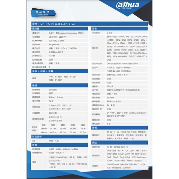 昌運監視器 DH-IPC-HFW2831SN-S-S2 大華dahua 8MP槍型紅外線網路攝影機-細節圖2