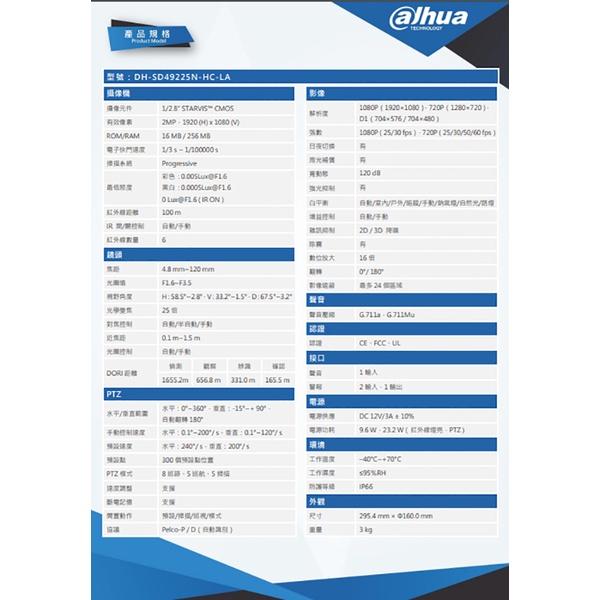 昌運監視器  DH-SD49225N-HC-LA 大華  25倍 1080P HDCVI紅外線快速球攝影機-細節圖2