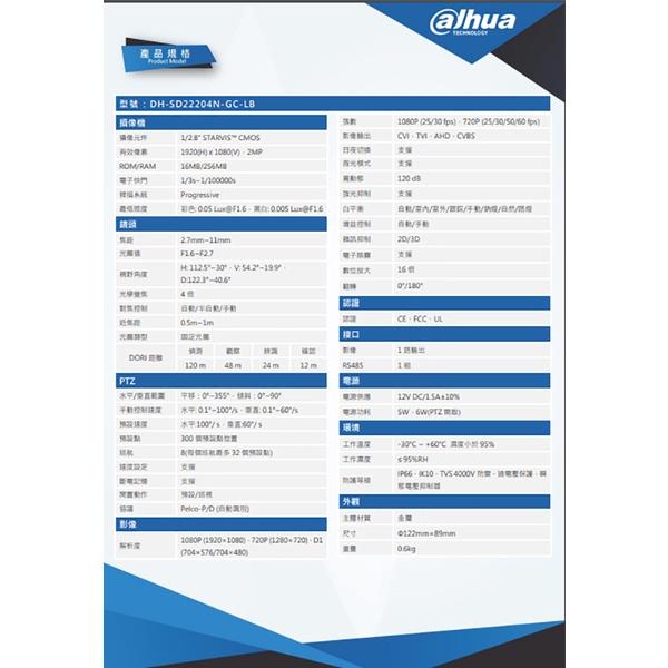 昌運監視器 DH-SD22204N-GC-LB 大華dahua 4倍 1080P HDCVI 快速球攝影機-細節圖2