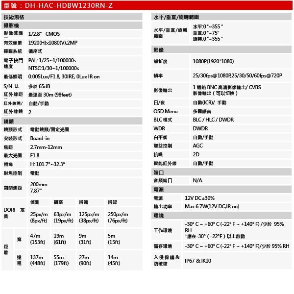 昌運監視器 大華 DH-HAC-HDBW1230RN-Z 星光級200萬畫素變焦紅外線半球型攝影機-細節圖2