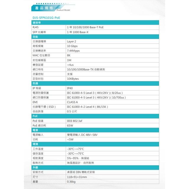 昌運監視器 DJS-SFP6101G-PoE 1埠SFP+1埠PoE 工業級 網路光電轉換器-細節圖2