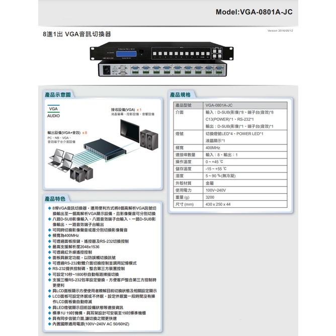 昌運監視器 VGA-0801A-JC 8進1出 8埠 VGA KVM 音訊切換器-細節圖2