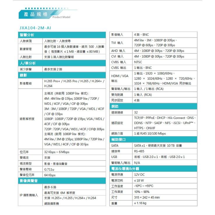 昌運監視器 JXA104-2M-AI 4路1聲 4MP 五合一 同軸音頻主機 監控錄影主機-細節圖2