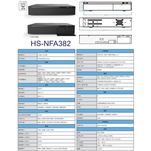 昌運監視器 昇銳 HS-NFA382 (HS-NNA382) H.265 4K 64路 RAID NVR 網路型錄影主機-細節圖2