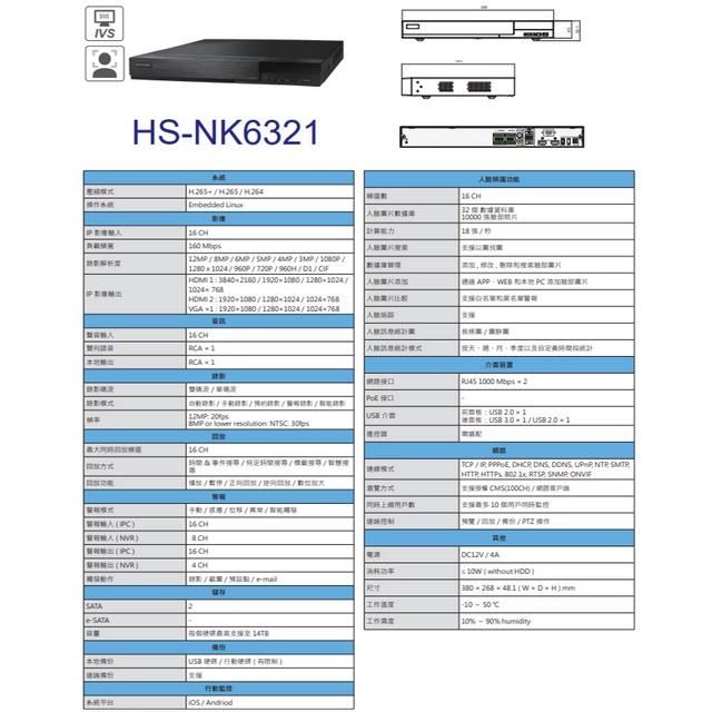 昌運監視器昇銳 HS-NK6321 H.265 4K 16路 雙向語音 NVR網路型錄影主機 雙硬碟-細節圖2