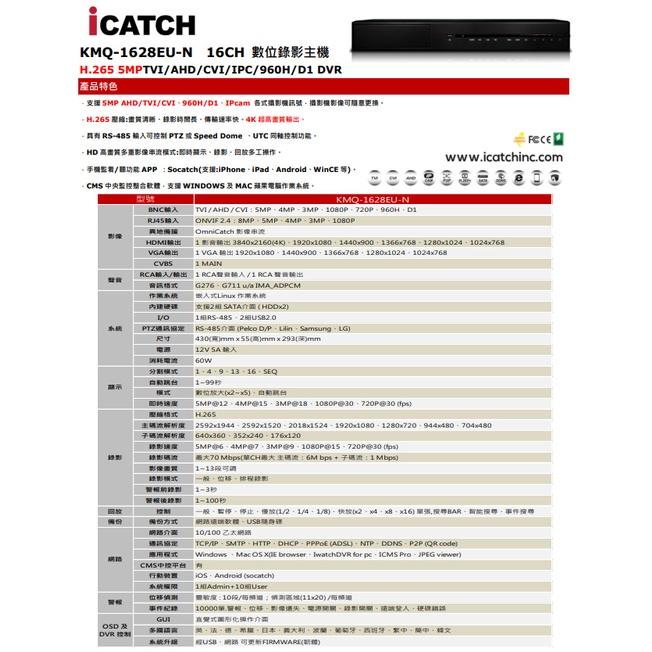 昌運監視器 ICATCH 可取 KMQ-1628EU-N 16路 H.265 4K UTC同軸 數位錄影主機-細節圖2