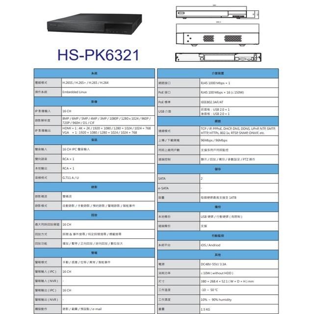 昌運監視器昇銳 HS-PK6321 H.265 4K 16路 雙向語音 PoE NVR網路型錄影主機 雙硬碟-細節圖2