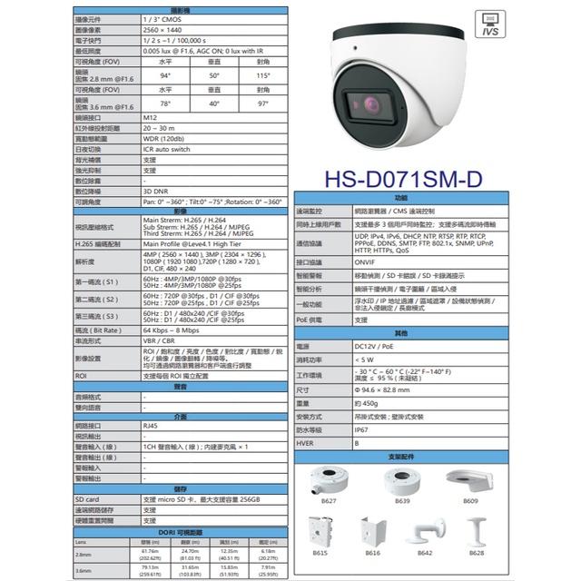 昌運監視器 昇銳 HS-D071SM-D 400萬 紅外線半球網路攝影機 (以D070SJ-D新款升級出貨)-細節圖2