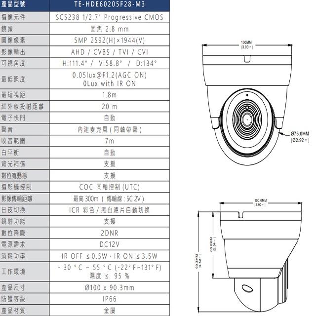 昌運監視器 東訊 TE-HDE60205F28-M3 500萬 同軸音頻 高清半球攝影機-細節圖2