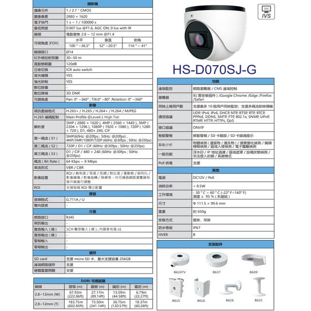 昌運監視器 昇銳 HS-D070SJ-G 500萬 紅外線變焦半球網路攝影機PoE 麥克風 夜視30-50M-細節圖2