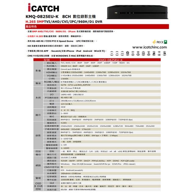 昌運監視器 ICATCH可取 KMQ-0825EU-K H.265 5MP 聲音1入1出 8路 數位錄影主機-細節圖2