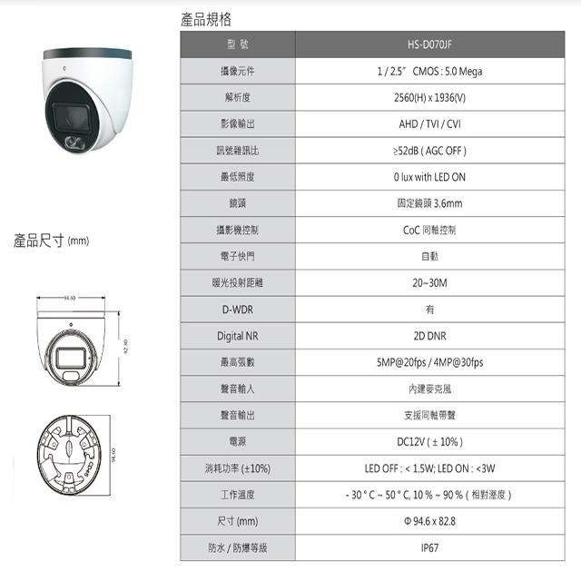 昌運監視器 昇銳 HS-D070JF 500萬 日夜全彩 紅外線半球攝影機以(新款HS-4IN1-D105DH出貨替代)-細節圖2