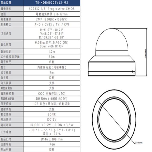 昌運監視器 東訊 TE-HDD60102V12-M2 200萬 電動變焦 同軸音頻 高清半球攝影機-細節圖2