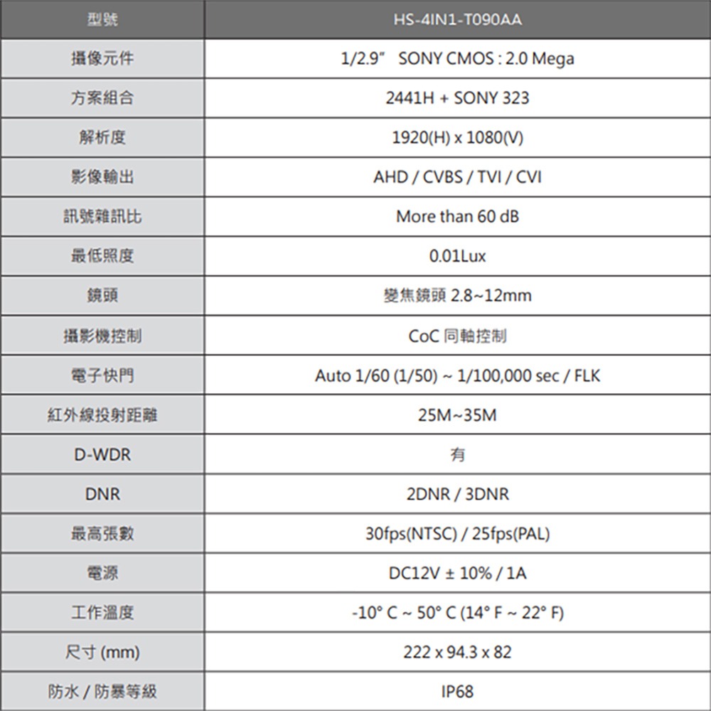 昌運監視器 昇銳 HS-4IN1-T090AA 200萬 室外槍型紅外線變焦攝影機-細節圖2