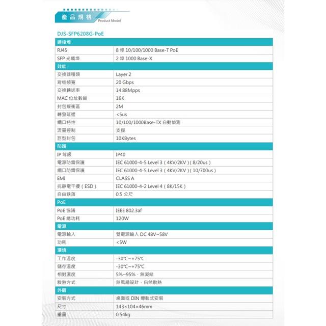 昌運監視器 DJS-SFP6208G-PoE 2埠SFP+8埠PoE 工業級 網路光電轉換器-細節圖2