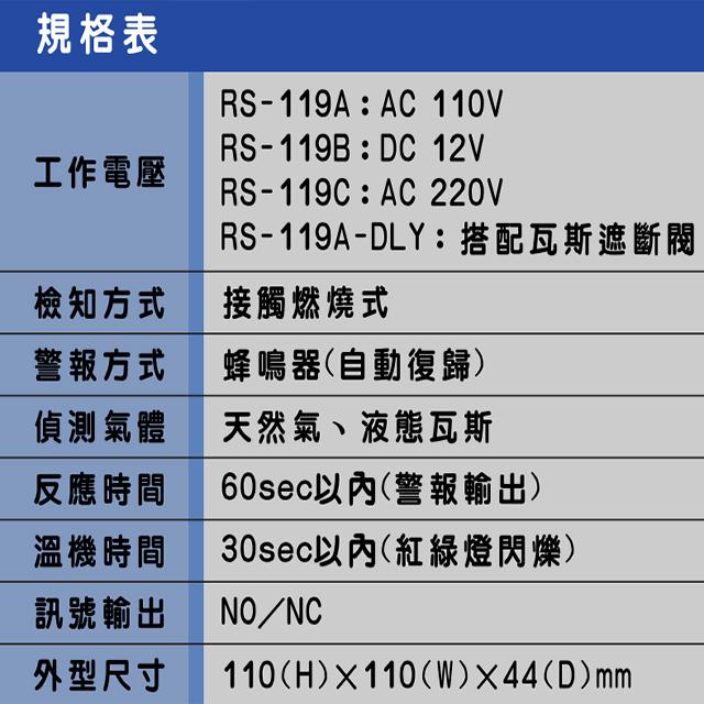 昌運監視器 SCS RS-119A AC110V 瓦斯偵測器 瓦斯警報器 反應時間60秒以內-細節圖2