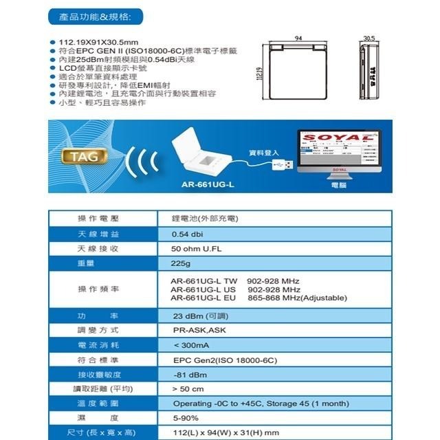 昌運監視器 SOYAL AR-661UG-L 手持型 UHF 無線射頻辨識讀取器 內建25dBm射頻模組與天線-細節圖2