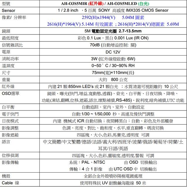 昌運監視器 AH-O3S5MLED 4合1 500萬 電動固定光圈 水中專用白光攝影機 可至水底50米使用-細節圖2