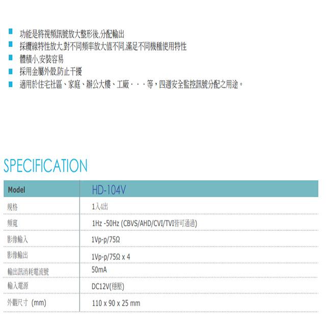 昌運監視器 HD-104V 1入4出 AHD/TVI/CVI/960H/CVBS HD專用影像分配器-細節圖2