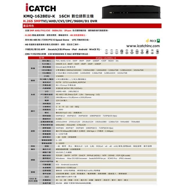 昌運監視器 ICATCH 可取 KMQ-1628EU-K 16路 H.265 4K UTC同軸 錄影主機-細節圖2