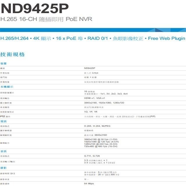 昌運監視器VIVOTEK晶睿 ND9425P(ND9426P) H.265 16路POE NVR智慧型錄影主機請來電洽詢-細節圖2