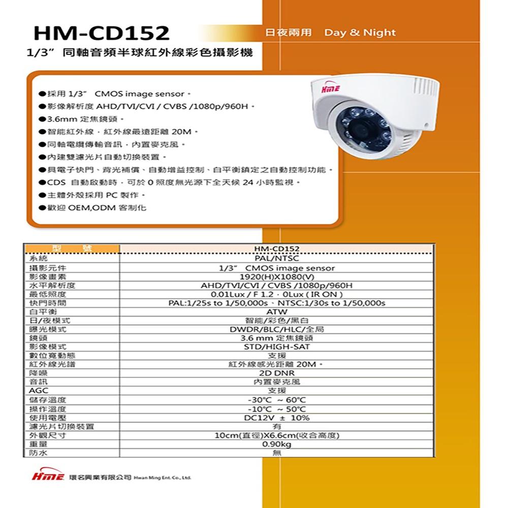 昌運監視器 環名組合 HM-NT45L 4路 數位錄影主機+HM-CD152 2MP 同軸音頻全彩半球攝影機*1-細節圖2
