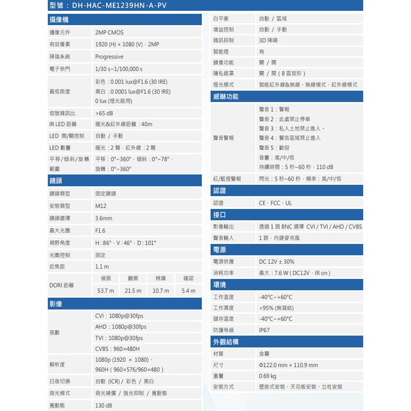 昌運監視器 大華 DH-HAC-ME1239HN-A-PV 200萬 智慧雙光警報半球攝影機 內建麥克風-細節圖2