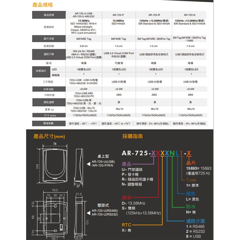 昌運監視器 SOYAL AR-725-P(AR-725P) Mifare USB 黑色 串列埠發卡器 發卡機-細節圖2