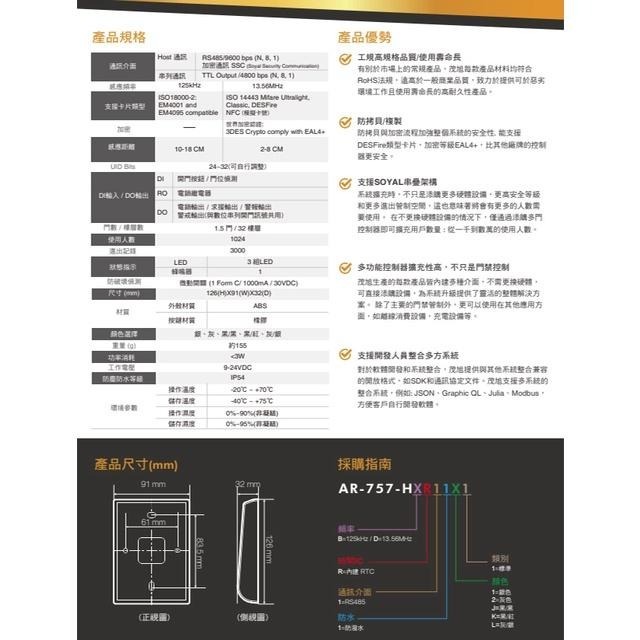 昌運監視器 SOYAL AR-757-H E2 EM 125K 灰色 按鍵型多功能控制器 門禁讀卡機-細節圖2