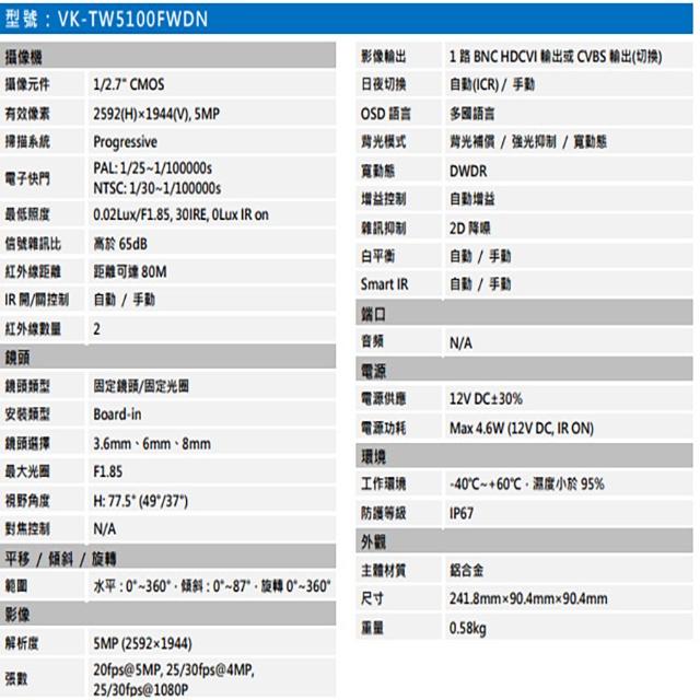 昌運監視器 SAMPO聲寶 VK-TW5100FWDN 500萬 HDCVI 紅外線槍型攝影機 紅外線80M-細節圖2